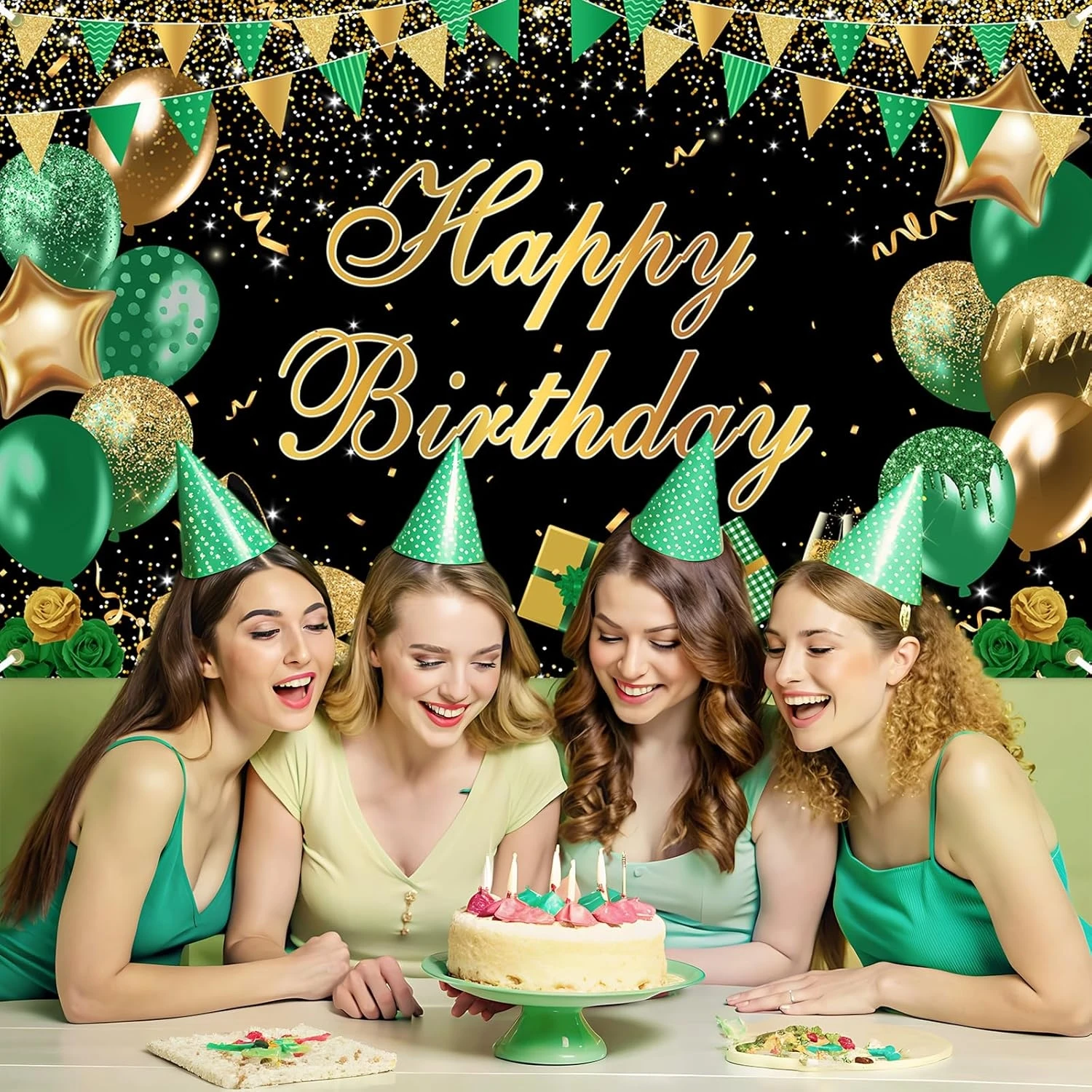 بالون أخضر ذهبي أسود لامع هدية علم خلفيات متألقة مطبوعة بالكمبيوتر مستلزمات الحفلات خلفيات استوديو التصوير الفوتوغرافي