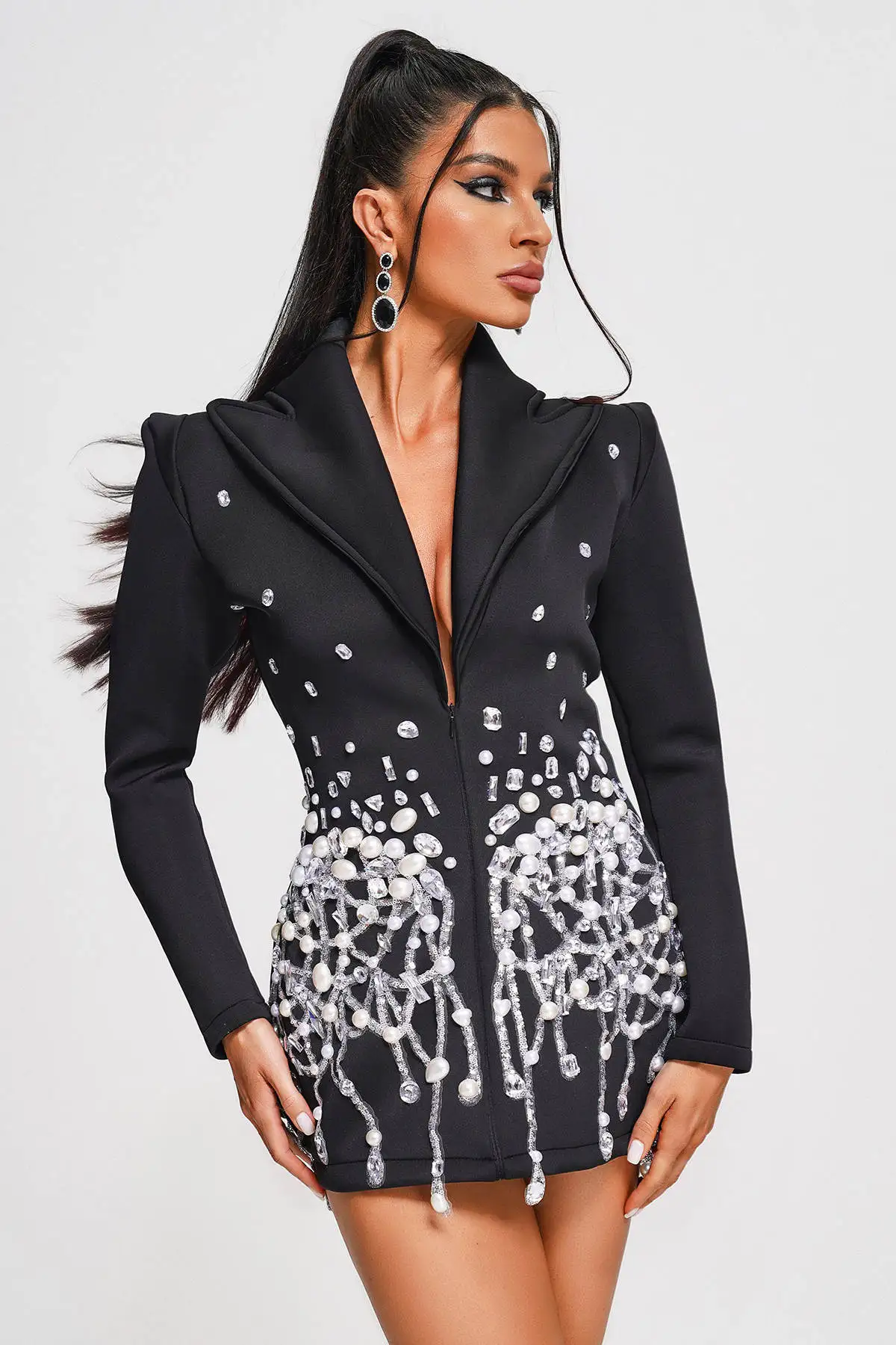 Women Blazer Diamonds Sequins Black Fashion Jacket Coat Vintage Custom Made Sexy Mini Dress Birthday Party Wear