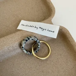 Minar INS Fashion Double Layers Spotted Natural Stone Metal Round Circle Cocktail Rings for Women Gold Plated Alloy Finger Ring