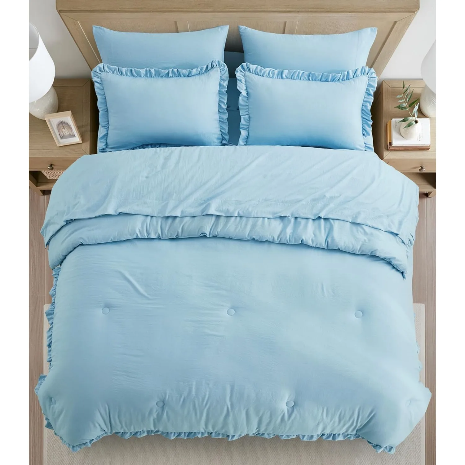 Eleanora Bed in a Bag Queen 7-Pieces Chambray Blue Ruffled Edge Trim Soft Washed Double Brushed Microfiber Comforter with Sheets