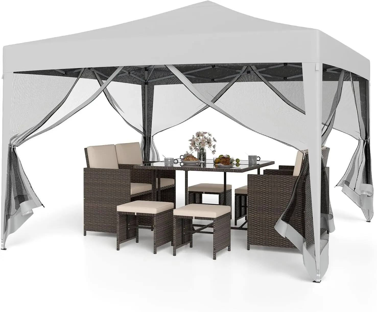 

10 FT x 10 FT Pop-Up Canopy Tent, Easy Setup Instant Folding Shelter w/Mesh Netting, Carry Bag, 8 Stakes & 4 Ropes, Height Ad