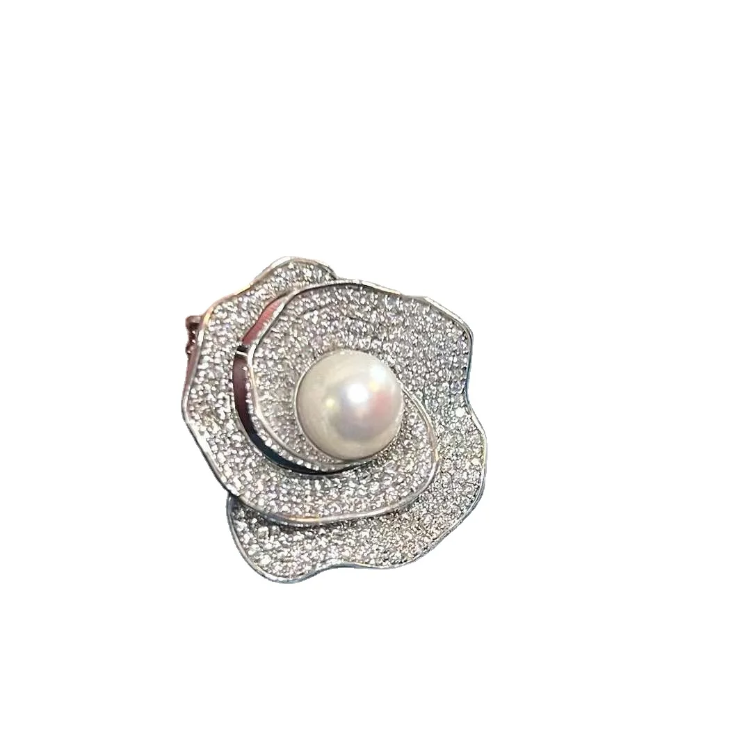 Large Brand Matching Silver Camellia Brooch 9-10mm Natural Freshwater Pearl Brooch June Stone Pearl Accessories