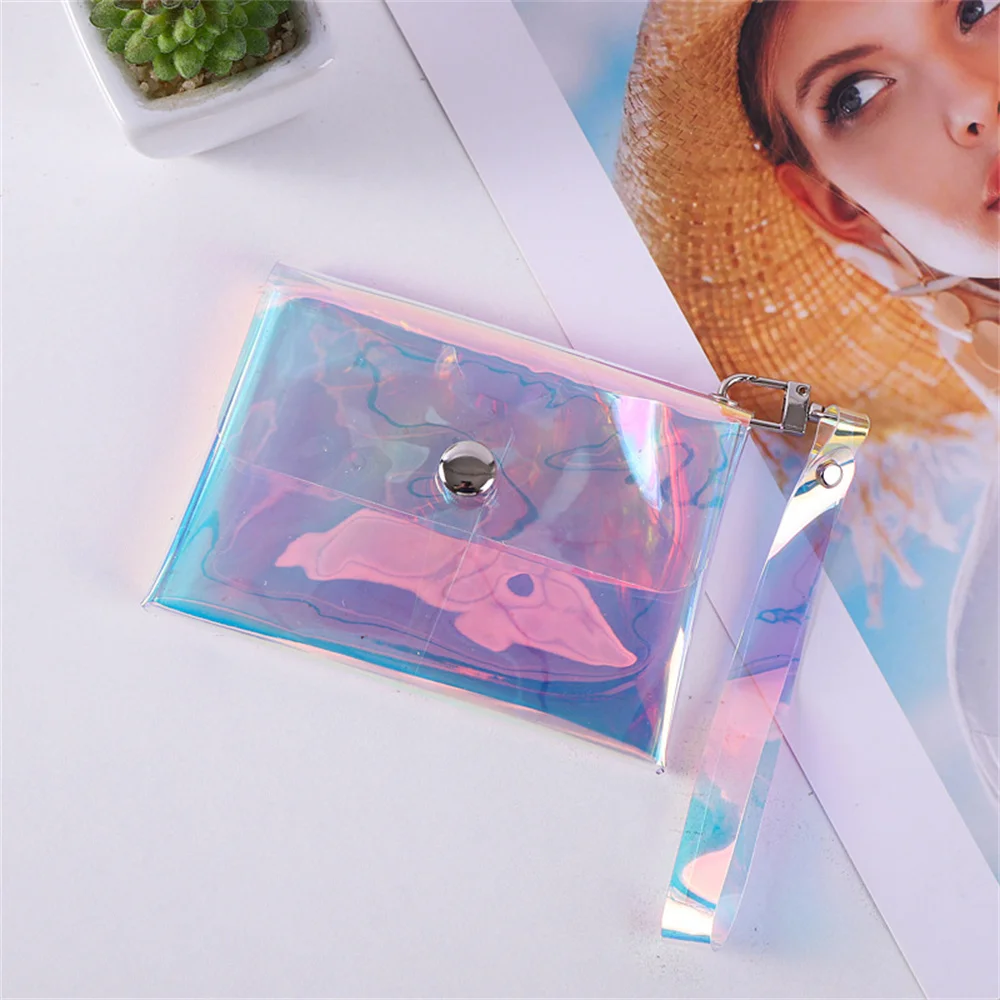 Double-layer PVC Transparent Coin Purse Wallet Earphone Lipstick Storage Bag with Keychain Wrist Strap Portable Key Card Holder