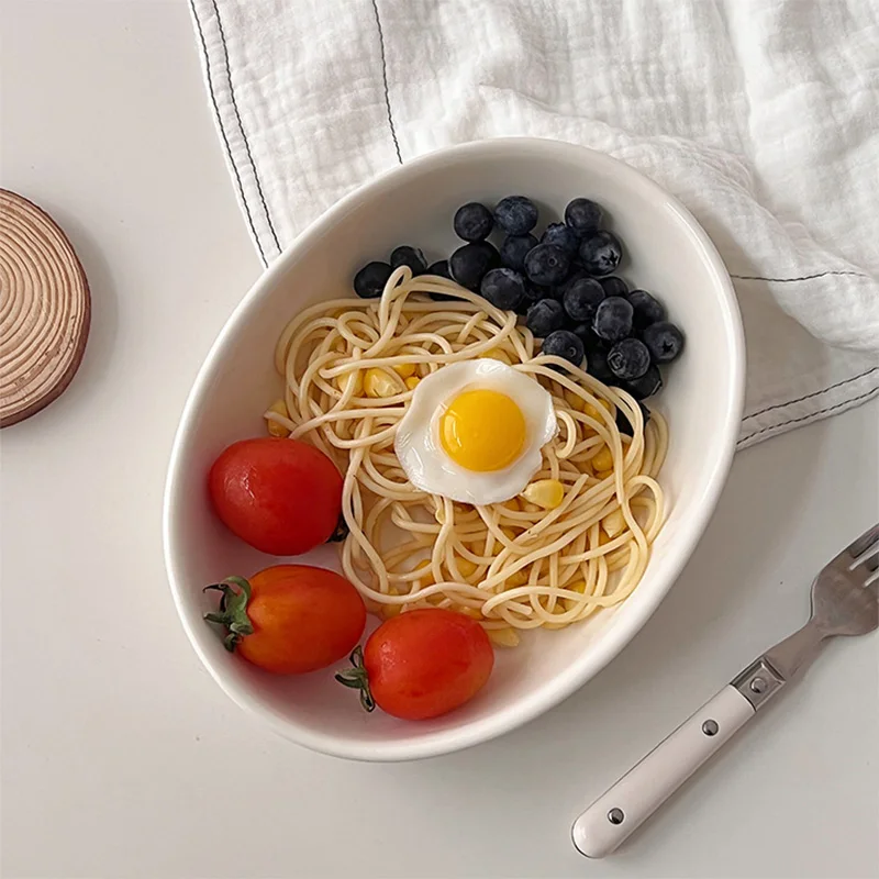 

Корейская простая овальная тарелка, керамическая тарелка для фруктового салата, белая искусственная однотонная глубокая тарелка для завтрака, посуда, 22 см