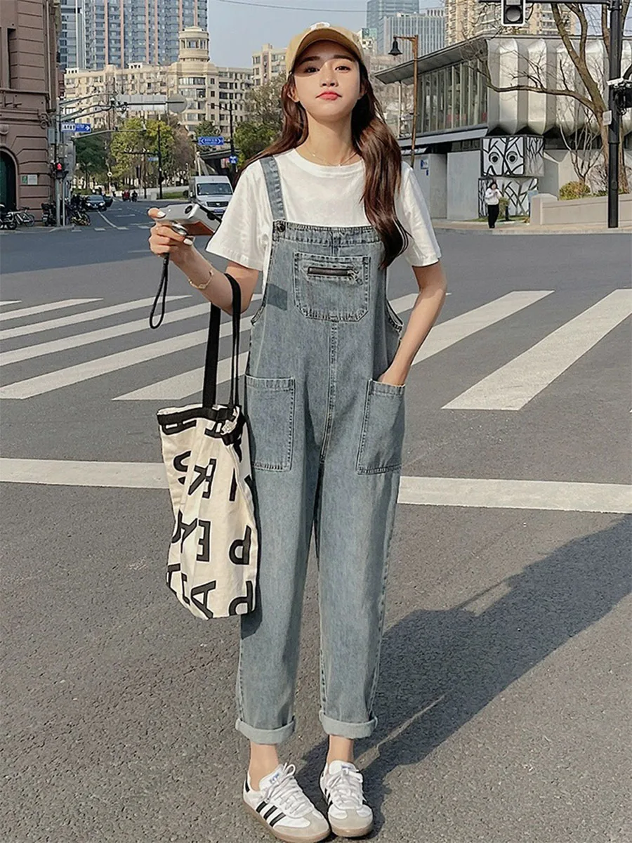 

Повседневный синий джинсовый комбинезон для женщин, весна-осень, новинка, свободный крой, стройнящий силуэт, в стиле рабочей одежды, длина 7/8