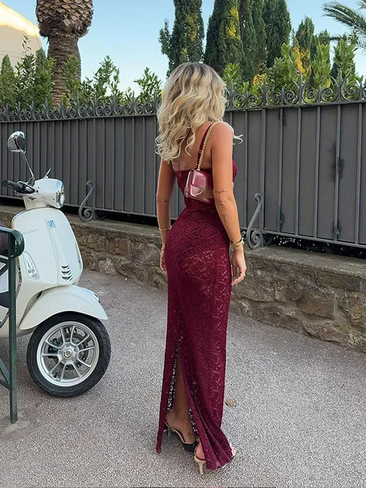 Vrouwen chique bordeaux kanten split aan de achterkant maxi-jurk sexy skinny vierkante hals backless sling gewaad 2024 nieuwe dame elegante cocktailjurken