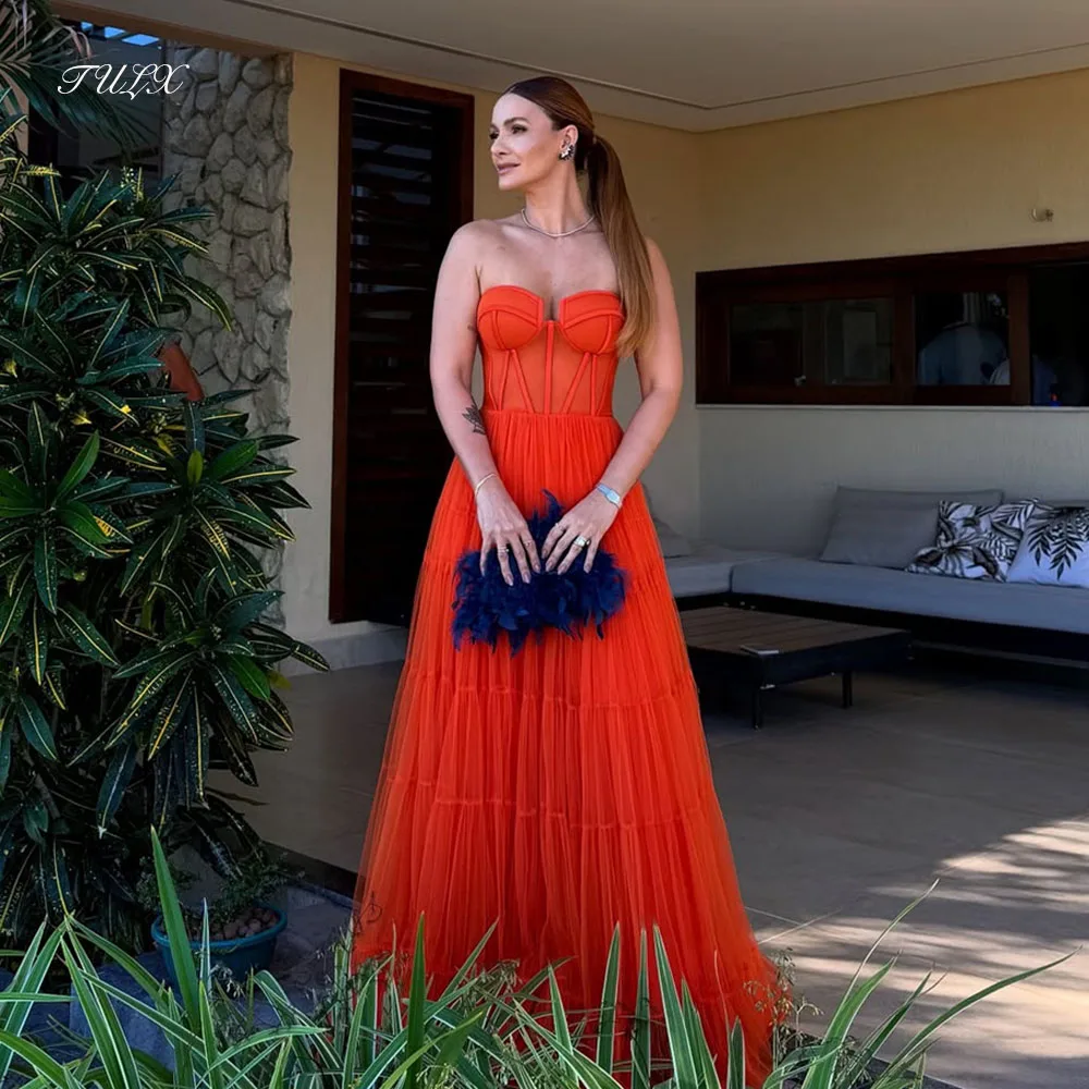 TULX Elegante orangefarbene Tüll-Abendkleider, sexy Schatz-Partykleider, A-Linie, bodenlang, formelles Anlasskleid, individuell gestaltet