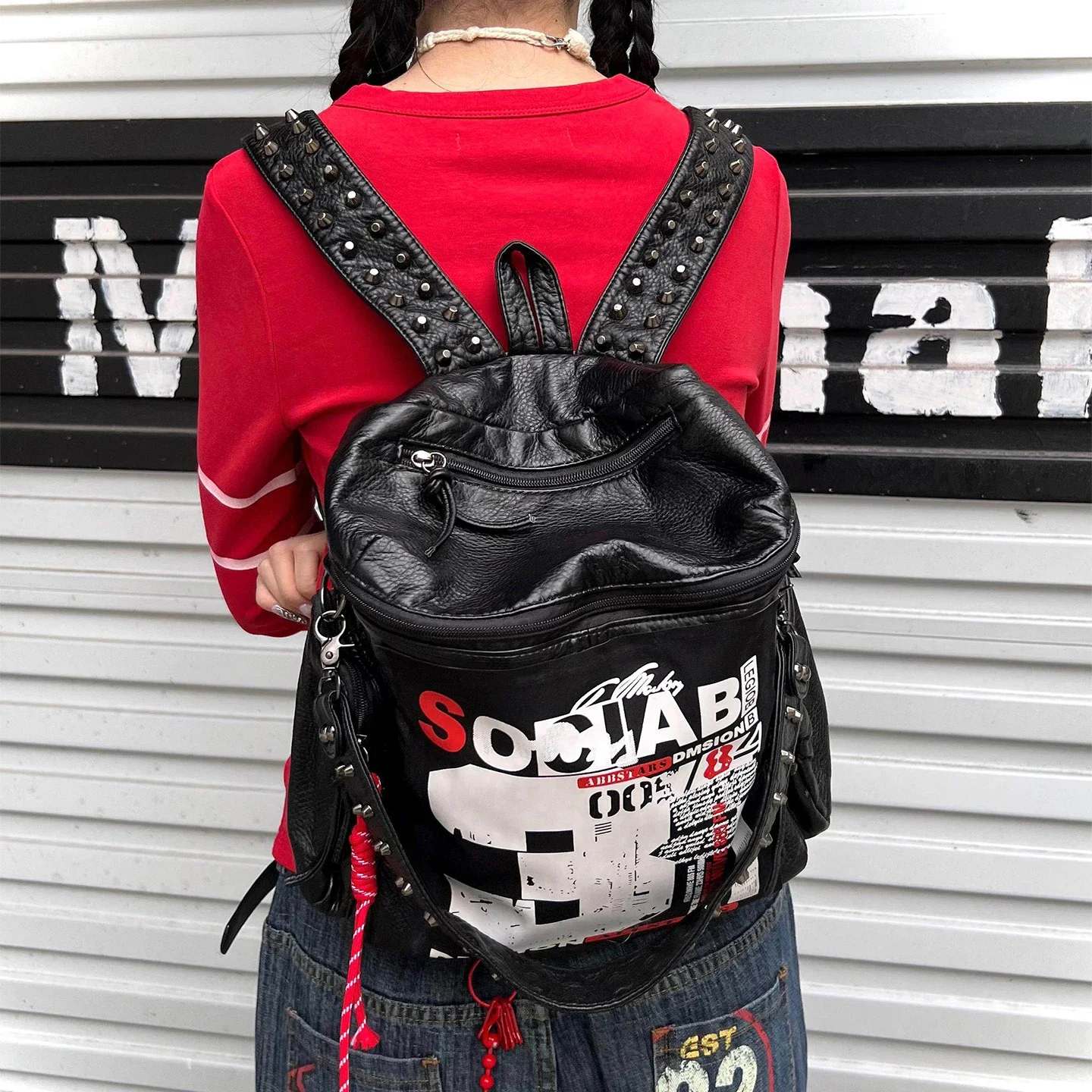 Y2K Punk Backpack High Street Retro Letter Pattern School Bag Ladies Men Women Motorcycle Style Handbag Daily Outfit Matching