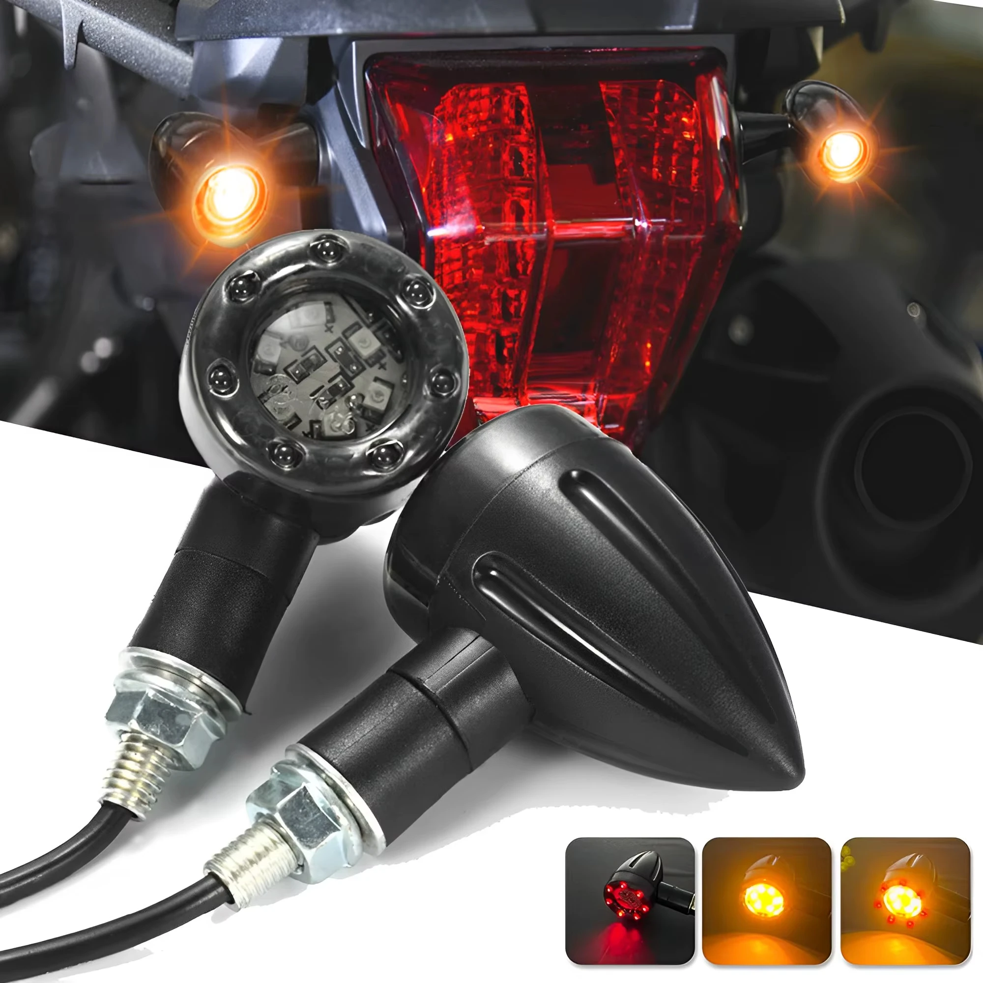 

Motorcycle Bullet LED Turn Signal Tail Light Brake Lamp Red Amber Indicator Running Light for Motorbike Rear Accessories 12V
