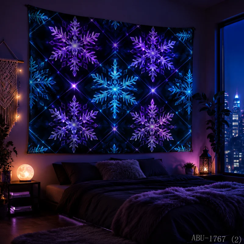 VIKAMA Neon Pink Blue Mandala Snowflake Starry Black Cosmic Glow Circular Petal Art Christmas Tapestry Wall Hanging Bedroom Soft