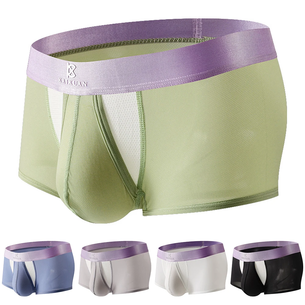 Men Ice Silk Separate Side Opening Boxers Mesh Underwear Panties Breathe Trunks Stretch Comfortable Long Boxershorts Male