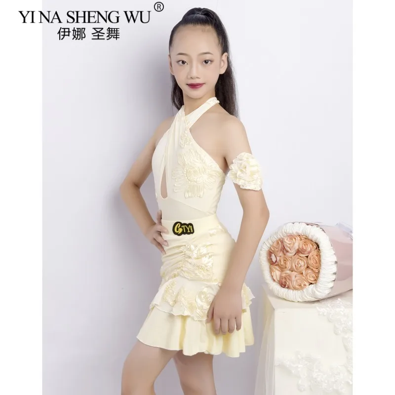 جديد طفل فستان رقص اللاتينية أكمام الرسن ارتداءها تنورة مجموعة الفتيات أوف وايت عارية الذراعين فستان الرقص المنافسة أداء ارتداء
