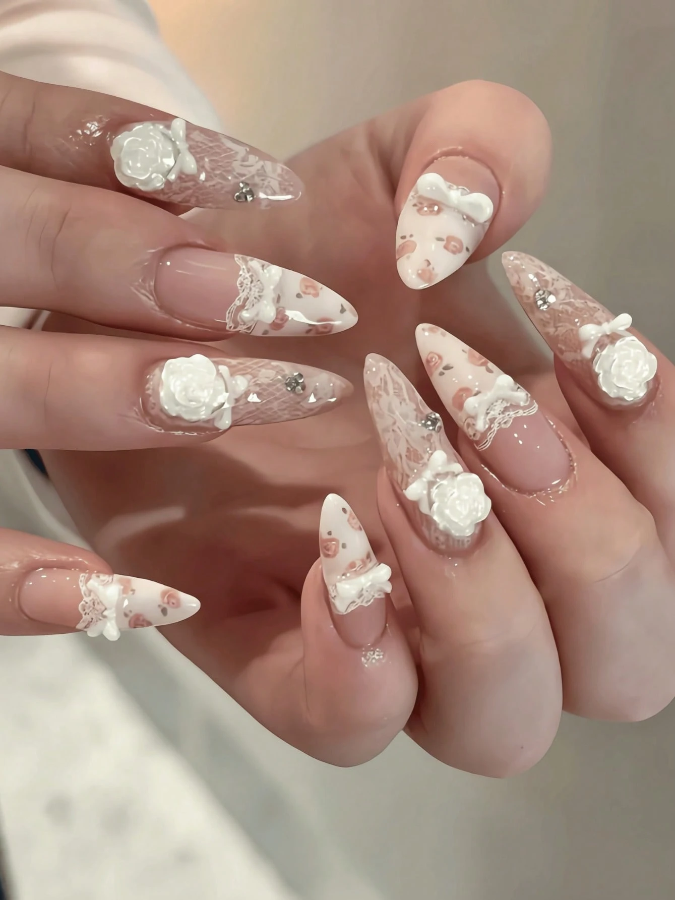 10-Piece Set of Nude Pink Lace 3D White Rose Bow Floral Print, Almond-Shaped False Nails, Suitable for Sweet Lolita Weddings and Dates
