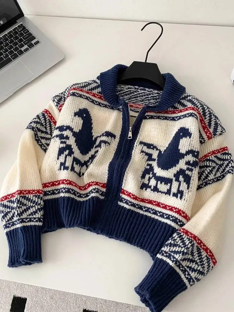 

Women Vintage Printed Knitted Sweater Autumn Winter Thick Zipper Long Sleeve Casual Streetwear Short Knitted Cardigan Top