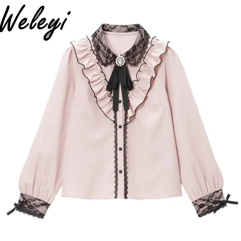 Lolita Sweet Japanese Bowknot Decorative Pink Tops Student Autumn Female Clothes Cute Ladies Lace Stitching Long Sleeve Shirts