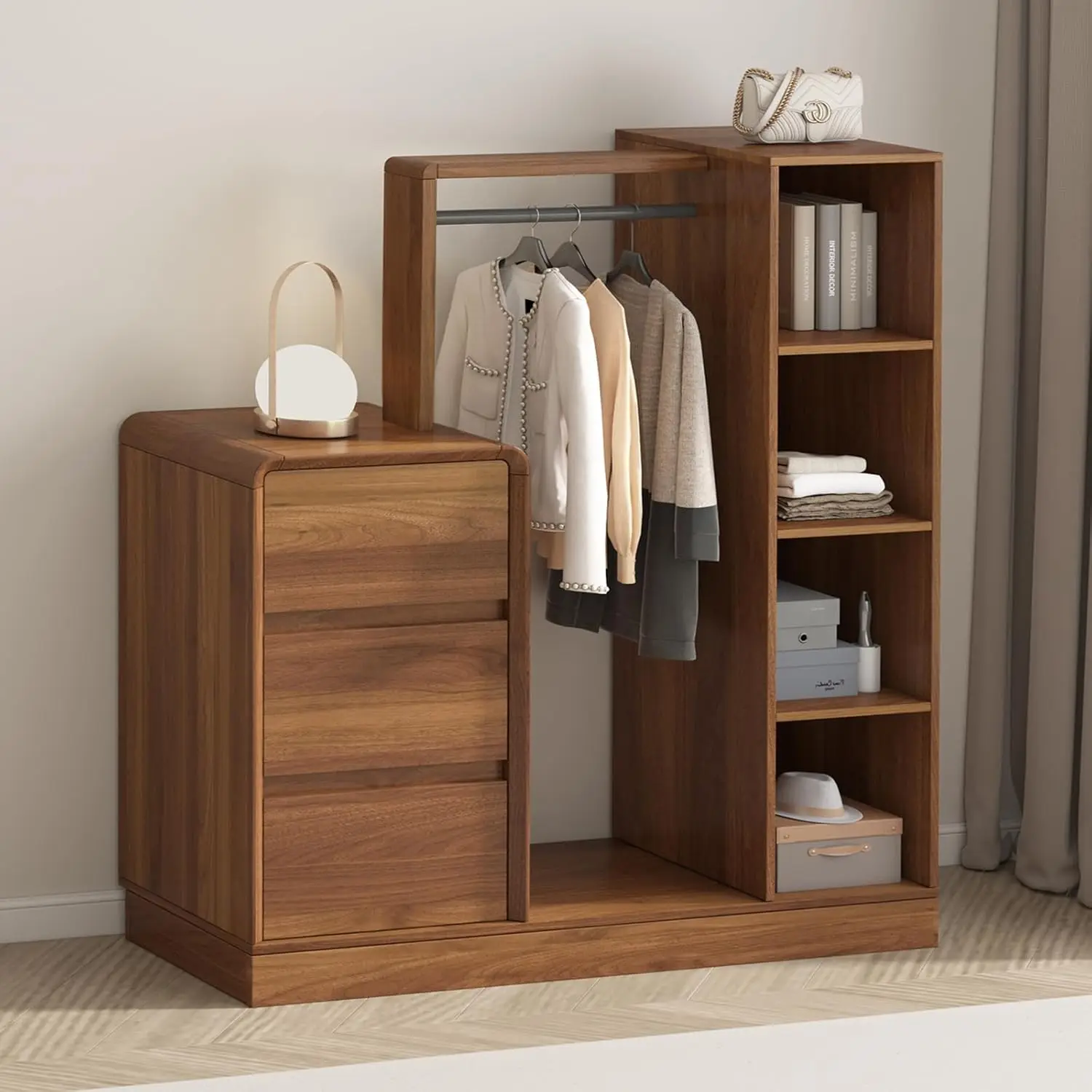 Dresser  for Bedroom with Clothes Rack&Bookhelf, Wood 3 Drawers with 4-Tier Bookcase，Clothing Rack with Drawers Storage Ches