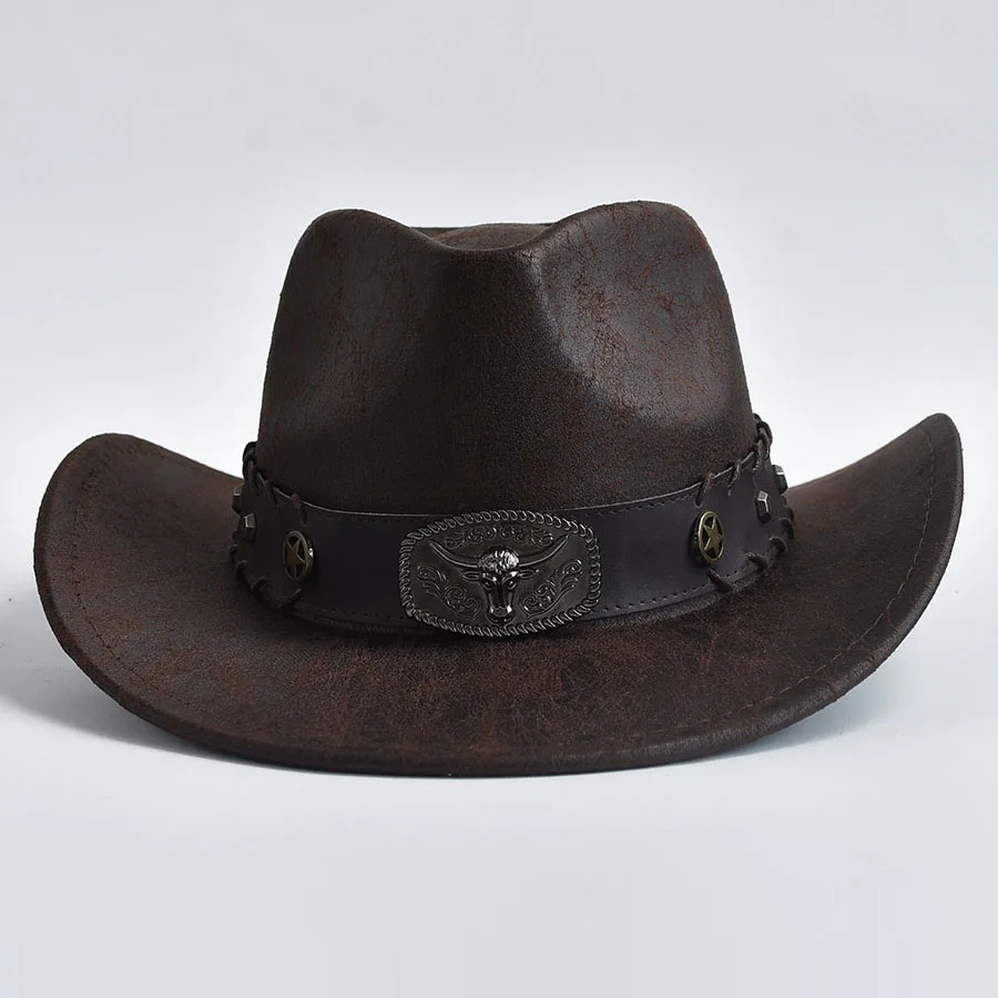 Western Cowboy Hat for Men Women Faux Leather Vintage Gentleman Cowgirl Costume Jazz Hats Sombrero Hombre