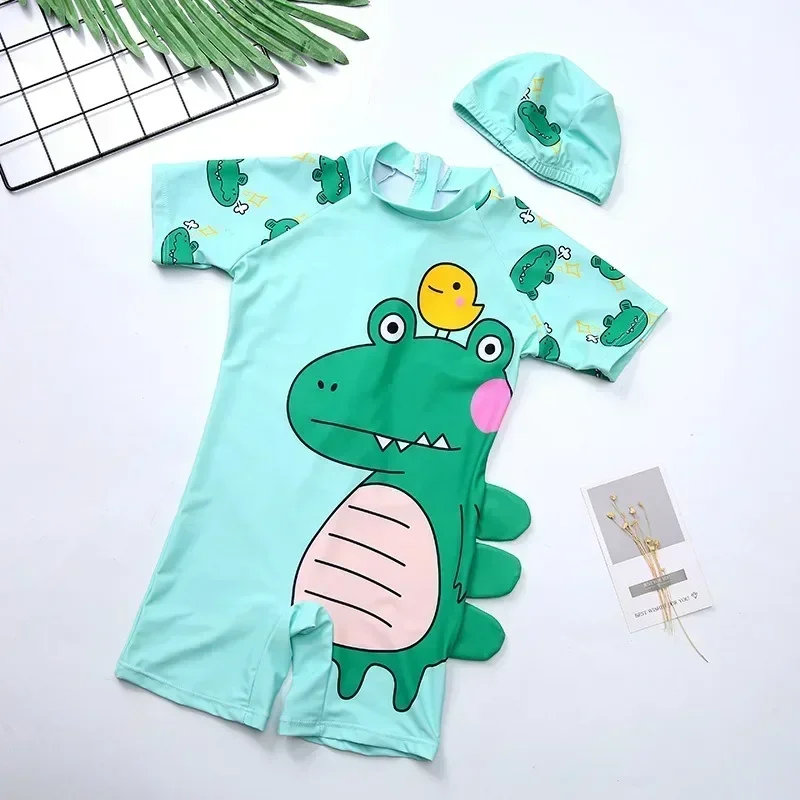 Baby Boys One-piece Swimsuit Cartoon Short Sleeve Shark Swimwear Little Boy Hot Spring Swimming Suit With Free Swimming Cap