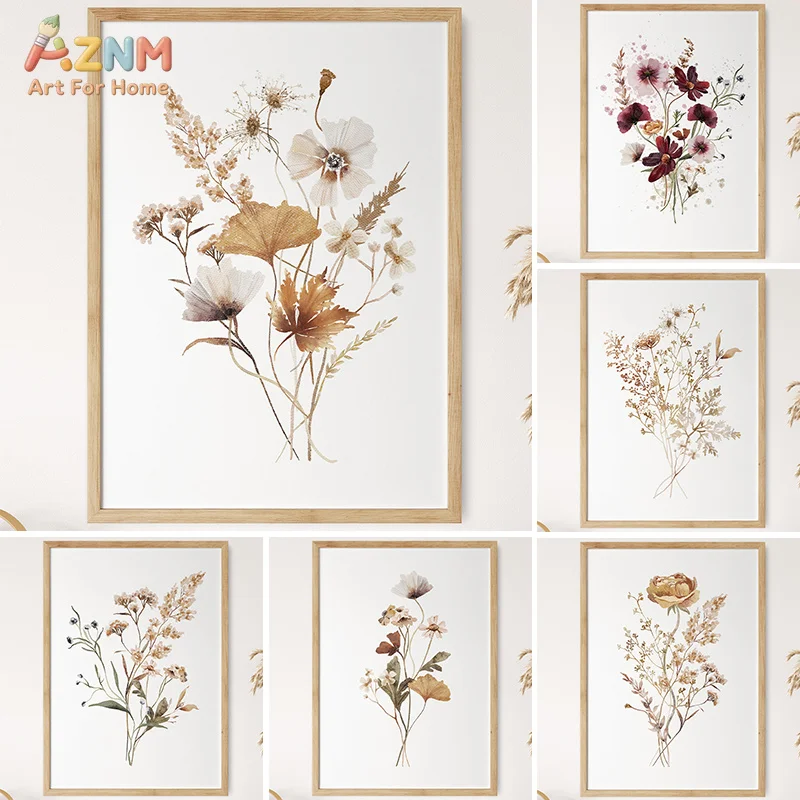AZNM Vintage Dried Wildflower Canvas Wall Art Watercolor Neutral Autumn Floral Botanical Print Boho Farmhouse Bedroom Living Roo