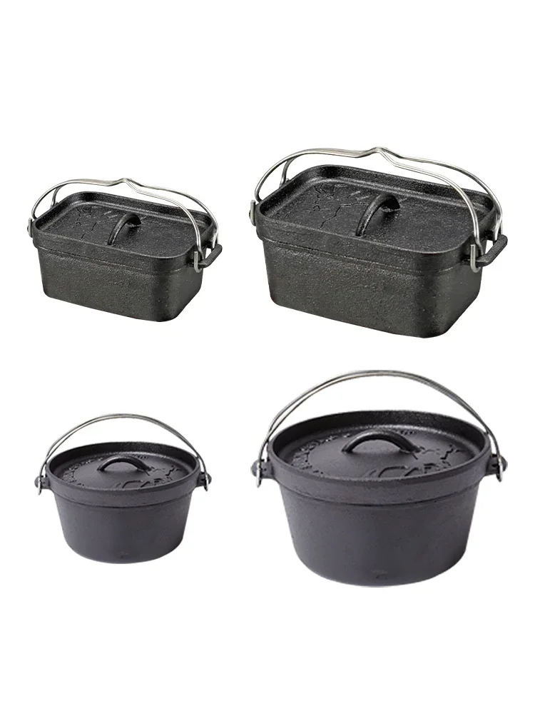 Camping Outdoor Cast Iron Hanging Stewpot Barbecue Dutch Pot Oven Bonfire Cookware Multifunctional Baking Pan Round Square