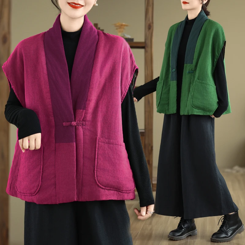 

High-End Women's Cotton Vest Loose Fit Chinese Button Design Winter New Sle Large Size oulder Pad Jaet Outerwear