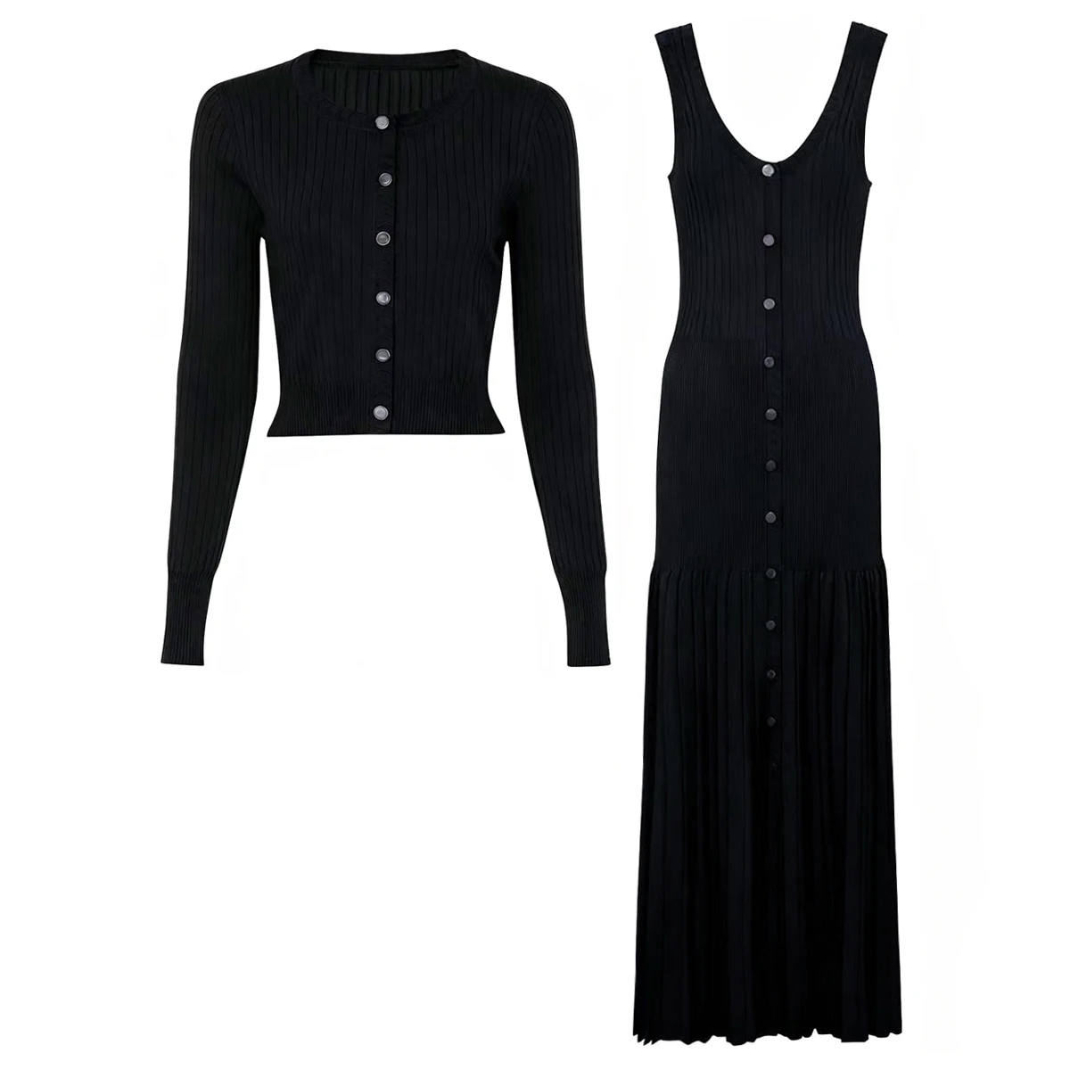 

Высокое качество, весенне-осенний новый модный эластичный вязаный облегающий кардиган + платье-бретелька без рукавов, женский комплект