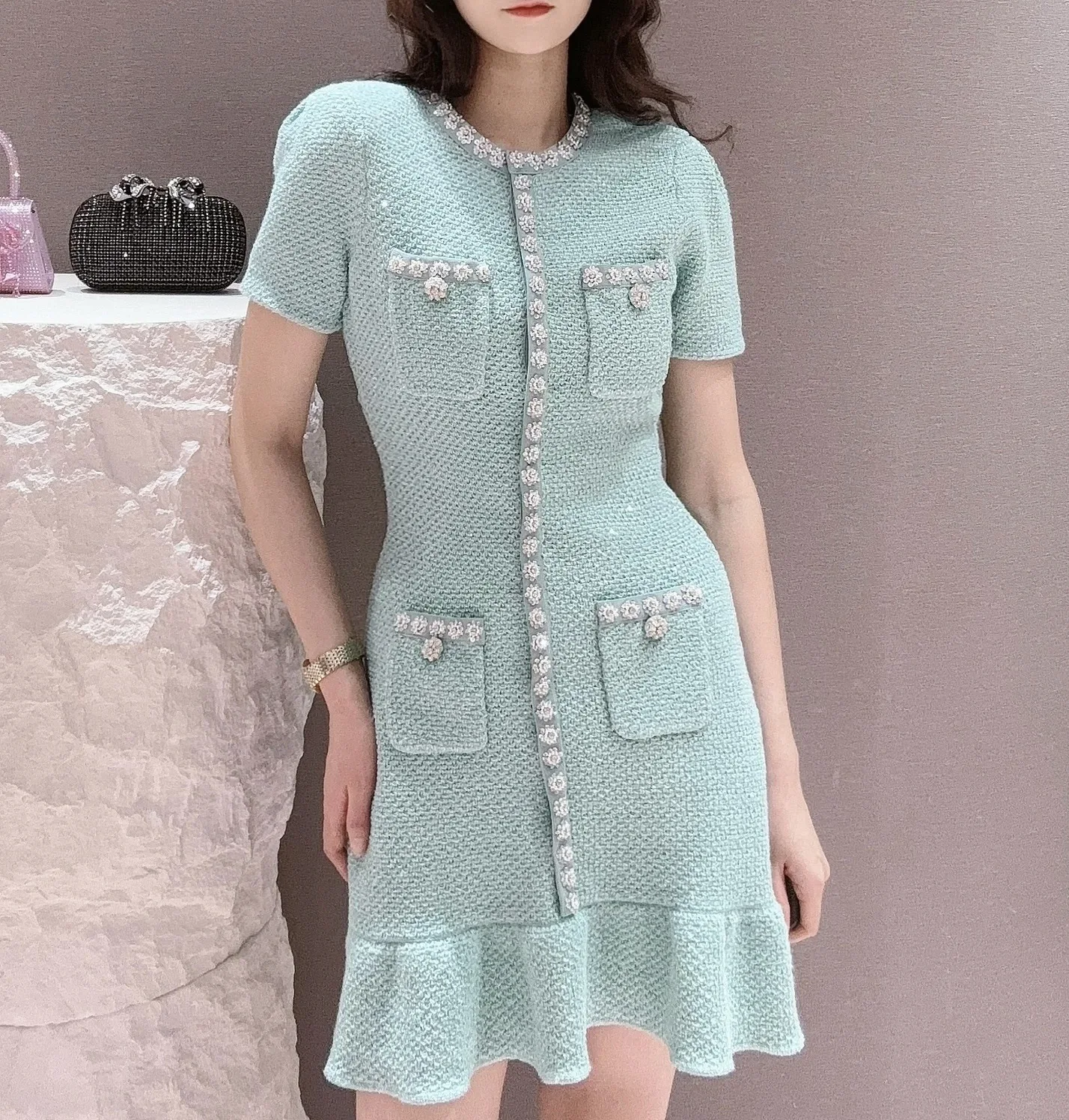 Women\'s Light Green Diamond Dress Short Sleeve Round Neck Slim High Waist Pocket Office Ladies Elegant Mini Dress