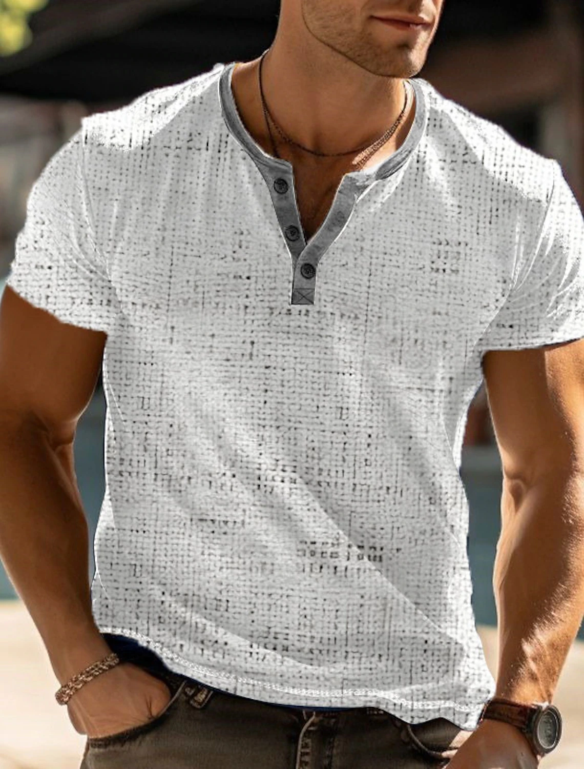 Men's Vintage Henry-Neck Waffle T-Shirt Patchwork Printed Large Size Men's Short Sleeve Summer Breathable Street T-Shirt Tops
