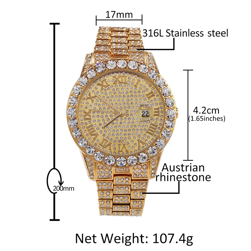 Hip Hop Mens Watches Luxury Date Quartz Wrist Waterproof Watches Stainless Steel Watch Band for Men Charm Jewelry