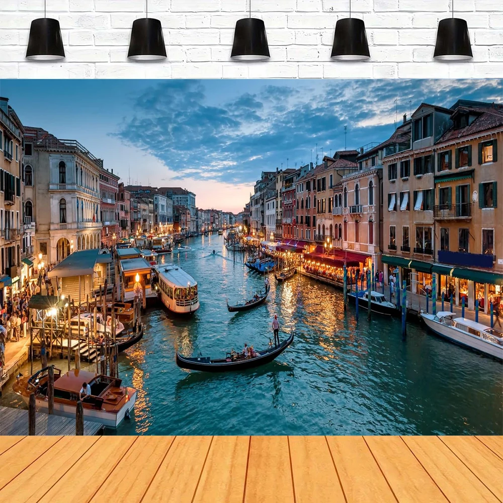 Fondo de fotografía de ciudad de Venecia para Italia, cancha de ciudad acuosa, góndolas, fondo de paisaje nocturno de río, fiesta temática para niños y adultos