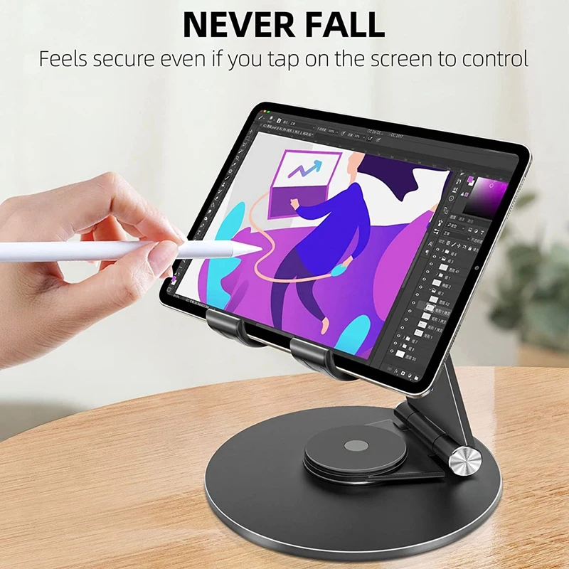 조정 가능한 태블릿 스탠드, 360 ° 회전 베이스, 알루미늄 합금 데스크탑 스탠드, 4-13 인치 태블릿용