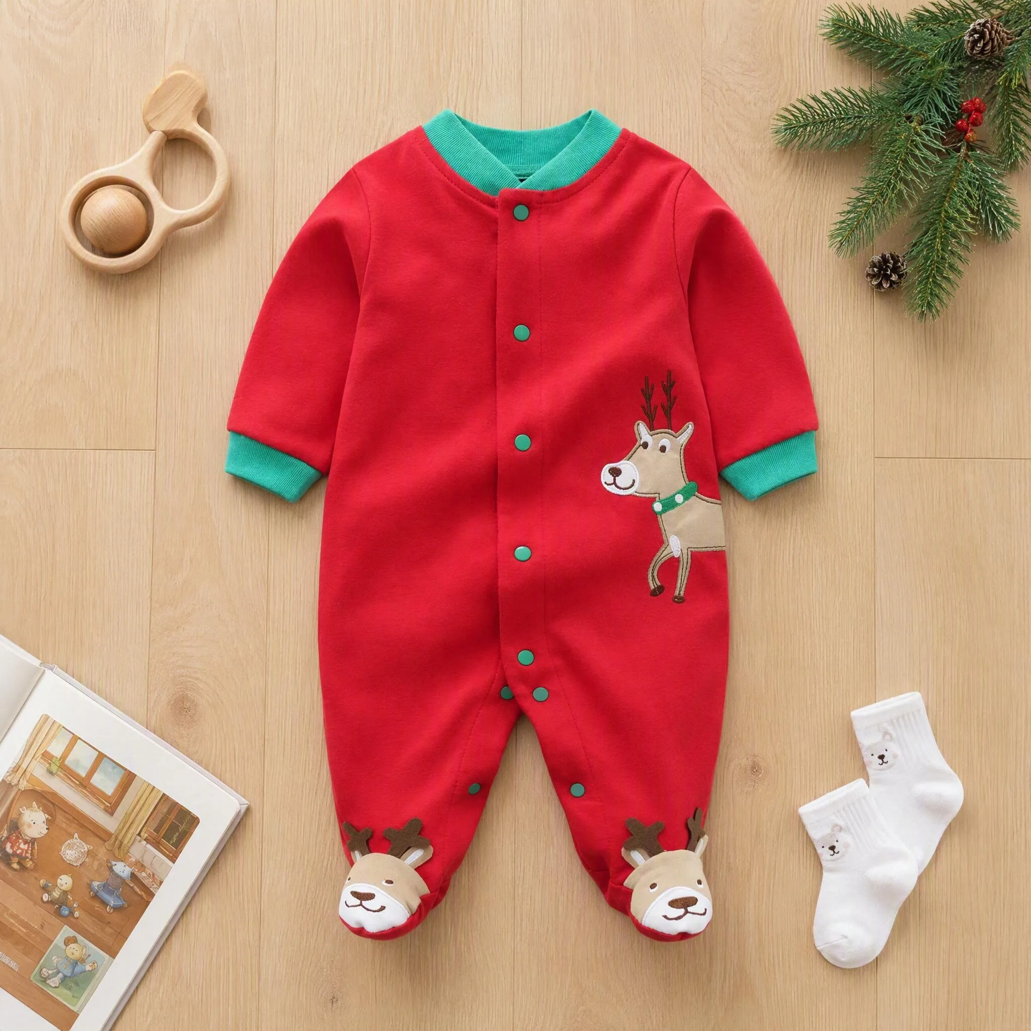 Baby Jumpsuit Autumn Long-Sleeved Baby Boy Christmas Deer Embroidered Romper Newborn Full Moon Hundred-Day Red Romper