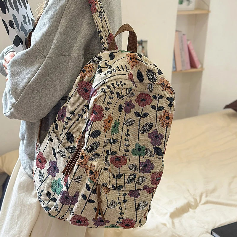 Japanese Pastoral Retro Floral Backpack Two Colors Light Wear Resistant Large Capacity Literary School Bag For  Girls Students