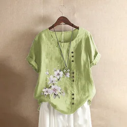 Cotton And Linen Women's Blouse Summer Retro Casual Floral Loose Cotton And Linen Short Sleeved Shirt Tops Femme Blusas Chemise