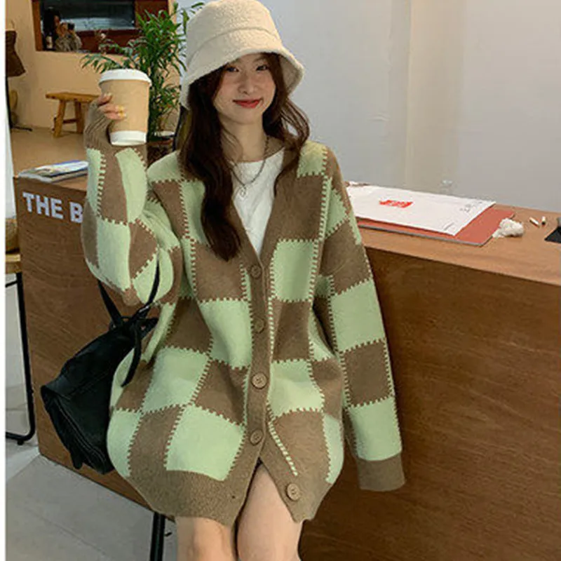 Women Autumn Korean Fashion Loose Plaid V-neck Long Sleeve Knitting Cardigan Coat Ladies Office Lady All-match Trend Knitwear