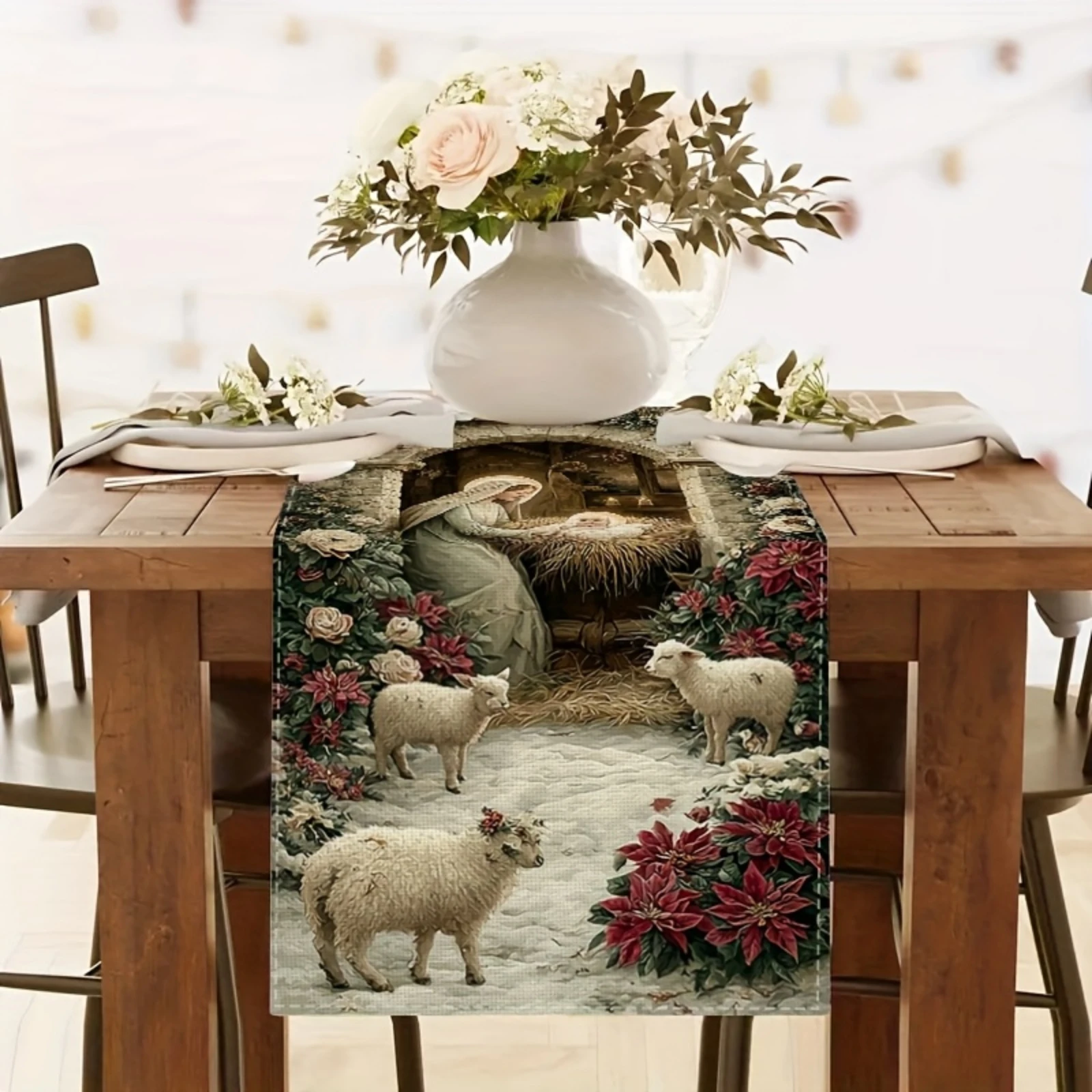 Christmas Table Runner Virgin Mary and Youngsters Jesus with Sheep and Flowers Design Holiday Dining Serene Scene Decor