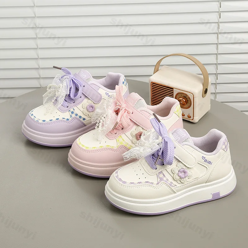 2026 New Flat Shoes for Girls Sweet Flower Bowknot Children Fashion Sneakers Comfortable Soft Lightweight Versatile Sports Shoes