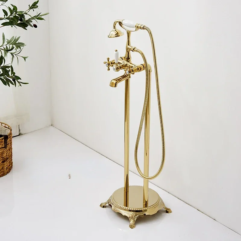 

Customized beauty European retro floor-standing bathtub faucet zirconium gold plated silver ceramic handle telephone shower show