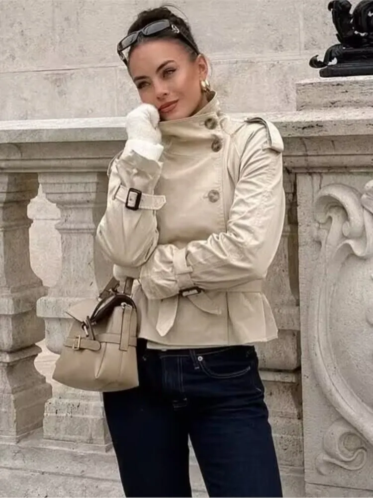 معطف نسائي من NERHEFZ مع حزام للخريف غير رسمي وأكمام طويلة وطية صدر كبيرة سترة واقية مزدوجة الصدر ملابس خارجية أنيقة للسيدات #3