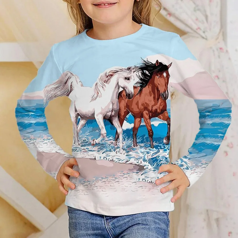 Korean Children\'s Clothing Autumn 2023 Fashion Horse Tshirt For Kids Boys T-Shirt Girls Clothes From 9 To 12 Years Long Sleeves