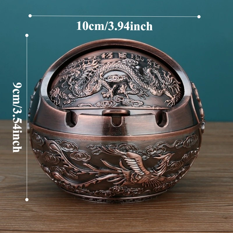 2026 New Ashtray Zinc Alloy Windproof Semi Closed Cover 3D Enamel Design Globe Ashtray Large-bronze-Dragon and Phoenix