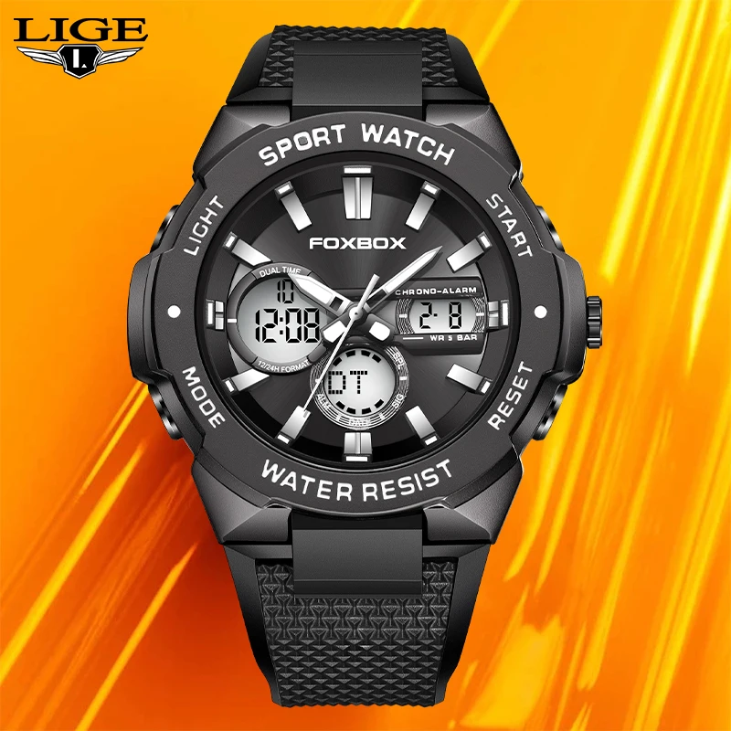 

LIGE Dual Display Watch for Men Fashion Silicone Band Military Waterproof Sport Chronograph Quartz WristWatch Fashion With Date