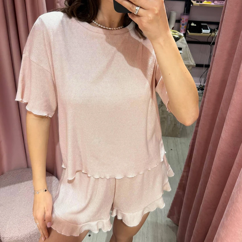 HiLoc Pink Casual Knitted Pajamas 3 Piece Set Long Sleeve V-Neck  Lace-Up Nightgown Short Sleeve O-Neck Top Elastic Waist Shorts