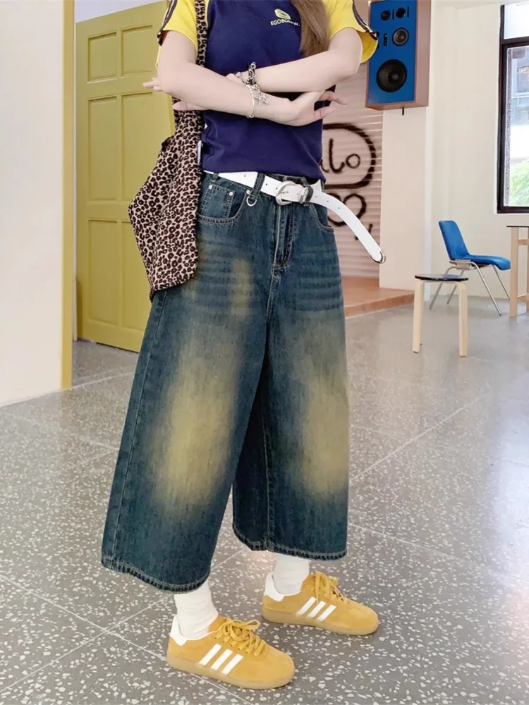 ريترو الأزرق واسعة جينز قصير المرأة فضفاض Y2k السراويل عادية خمر الشارع الشهير Harajuku الكورية نمط الدنيم السراويل الأساسية الصيف 2024