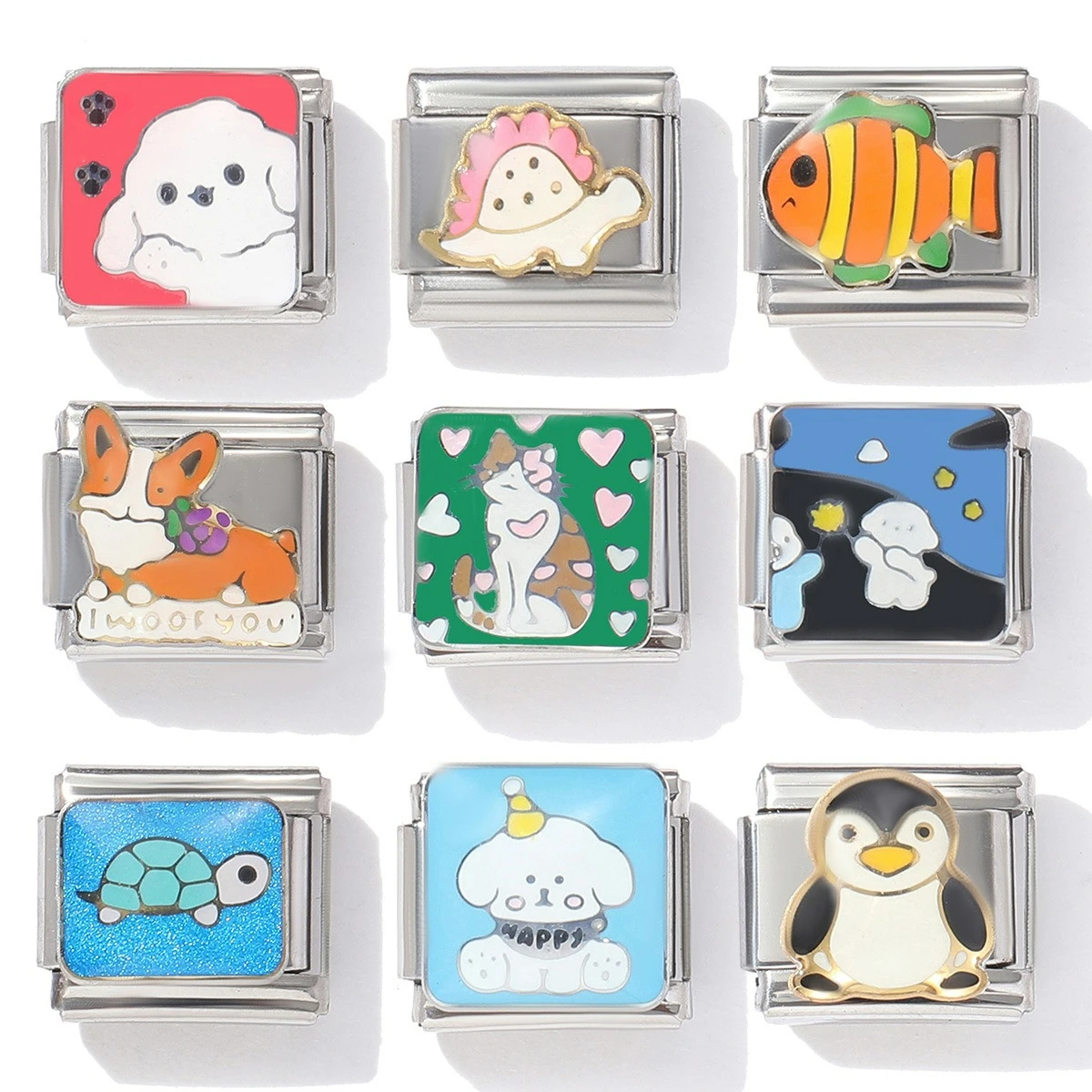 Cat, penguin, turtle, fish, dog, dinosaur, Italian charm link, suitable for 9mm stainless steel bracelet DIY jewelry wholesale