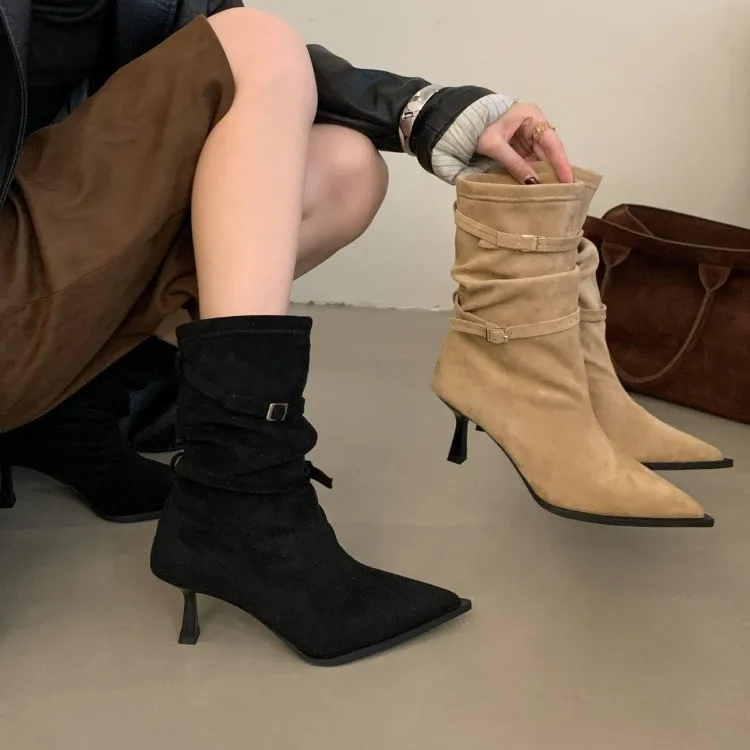 Autumn and Winter New European and American Thin Heel Pointed Stacked Boots Western Cowboy Knight Retro Women's Short Boots