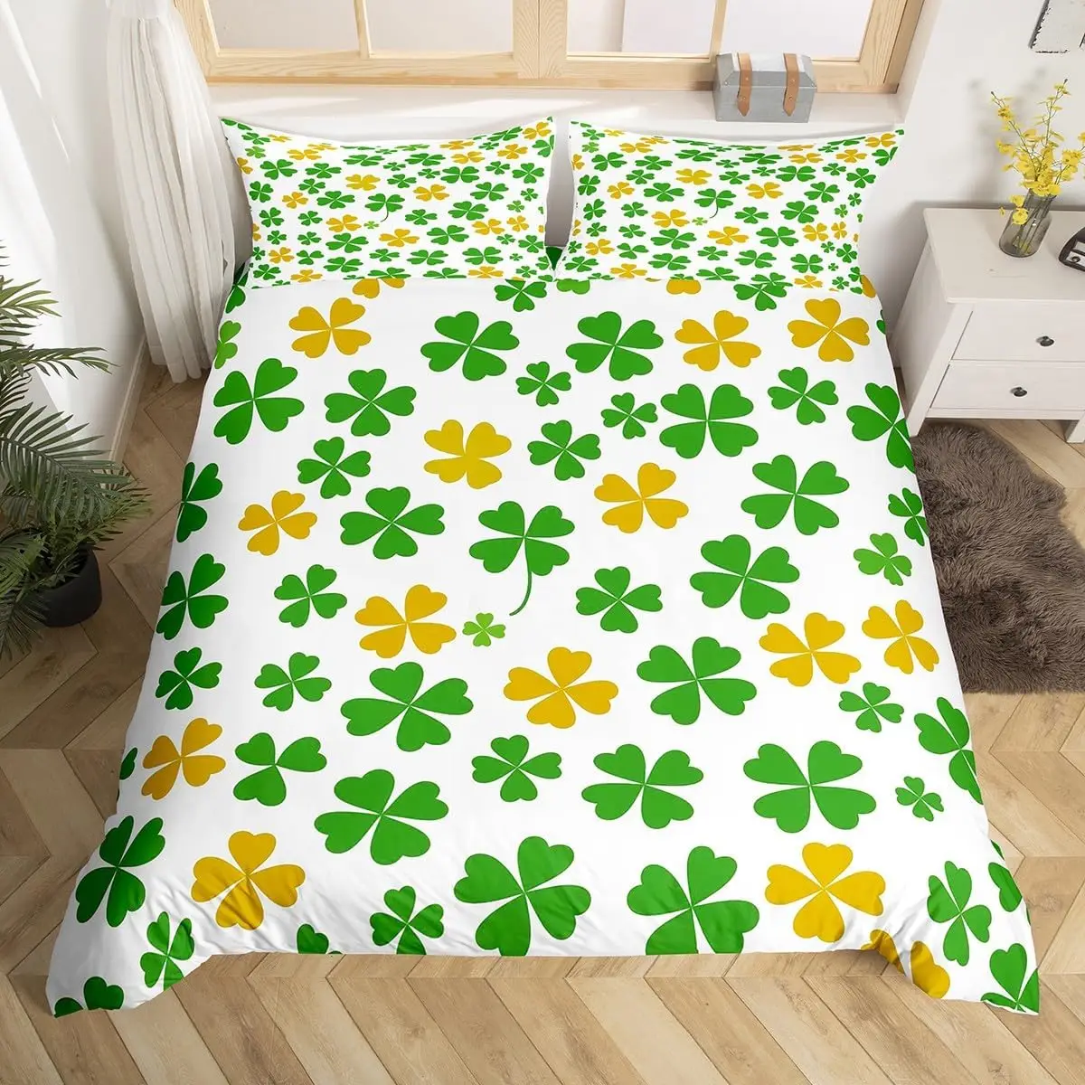 St. Patrick'S Day Duvet Cover Full Queen Spring Gnomes Comforter Cover 2/3 Pcs Green Botanical Leaves Flower Clover Bedding Set
