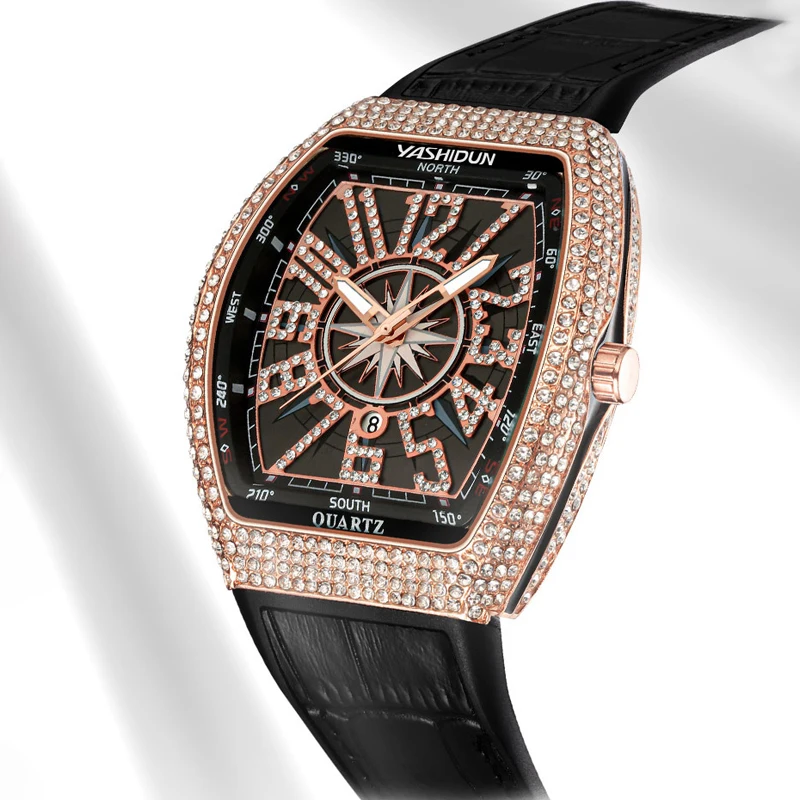 Reloj de lujo para hombre YASHIDUN, con correa de caucho y detalles metálicos brillantes, movimiento de cuarzo, diseño moderno, reloj de pulsera para hombre, ideal como regalo, con caja de cristal brillante.