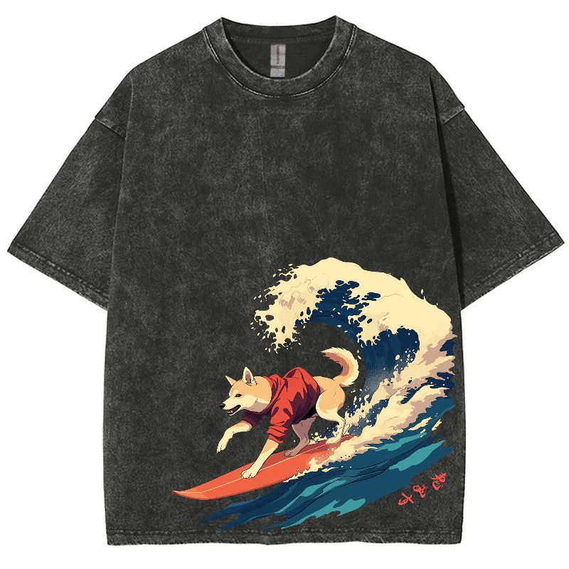 

Surfing Dog Print Streetwear Overseas Exports Washed Short Sleeves Plus Size T-shirt Harajuku 15 Colors Tops Clothing 2024