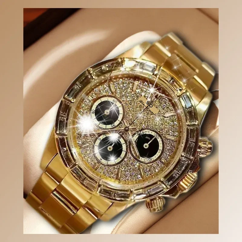 

Men's Watch ROBD Large-scale Full Drill Female's Wristwatch Gold Diamond Full of Star Men's Clocks High-end